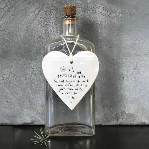 East of India Porcelain Wobbly Hanging Heart - People Places Memories