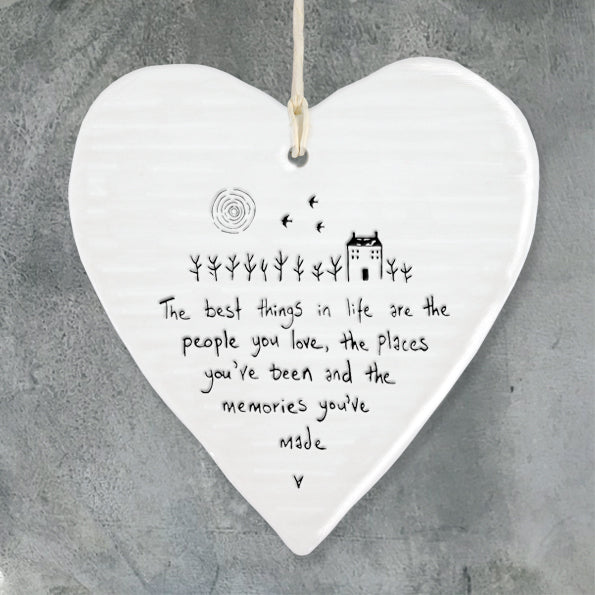 East of India Porcelain Wobbly Hanging Heart - People Places Memories