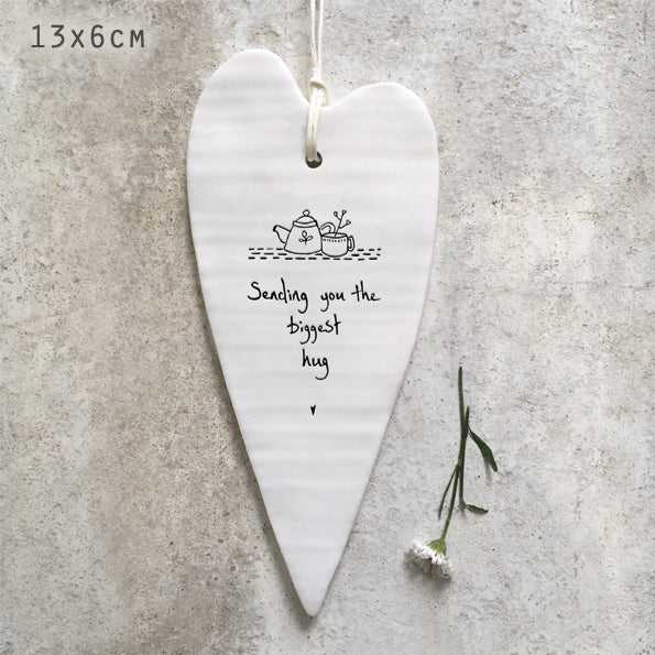 East of India Porcelain Wobbly Long Hanging Heart - The Biggest Hug