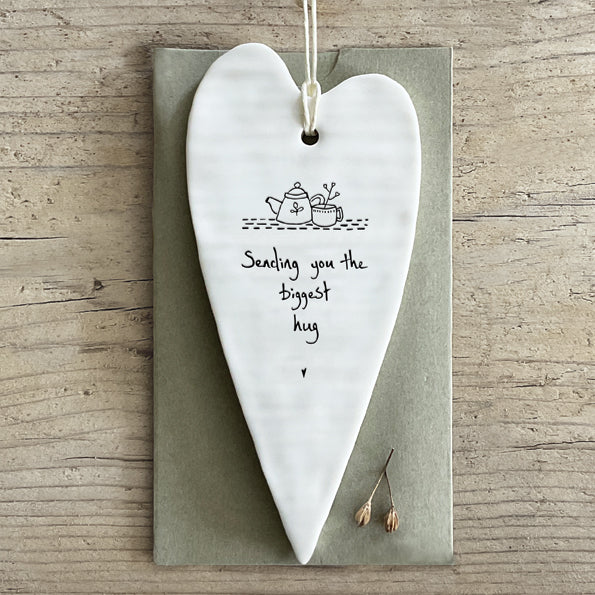 East of India Porcelain Wobbly Long Hanging Heart - The Biggest Hug