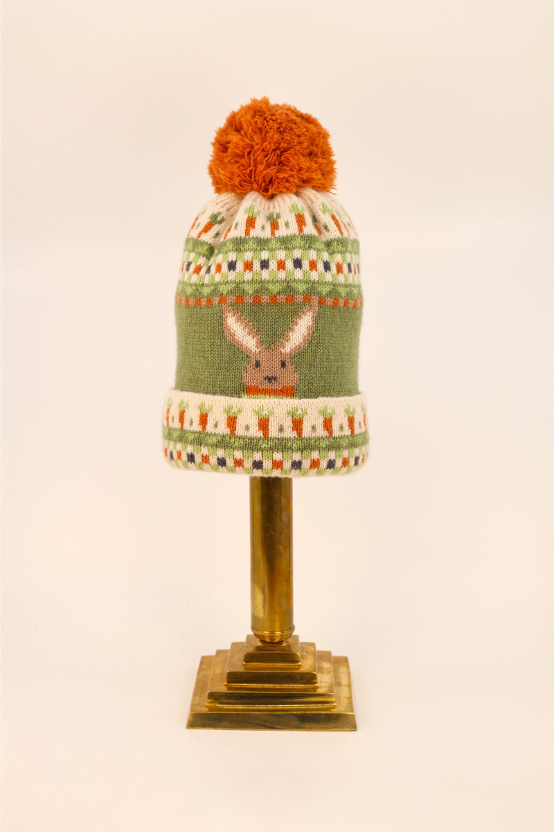 Powder KIDS Knitted Bunny & Carrot PomPom Hat - Olive Green
