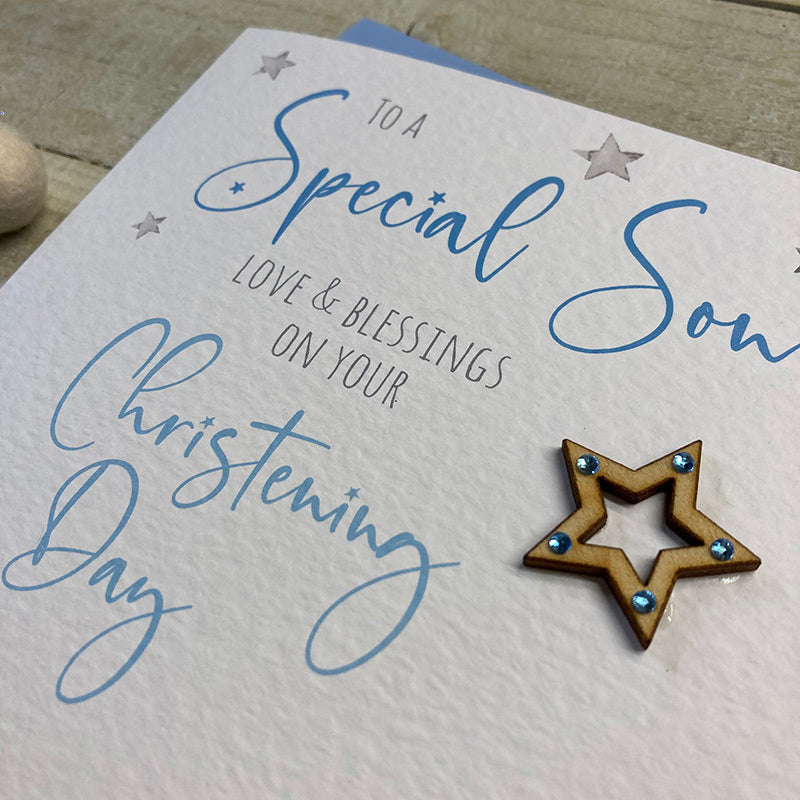 White Cotton Cards Son Christening Day Stars Card