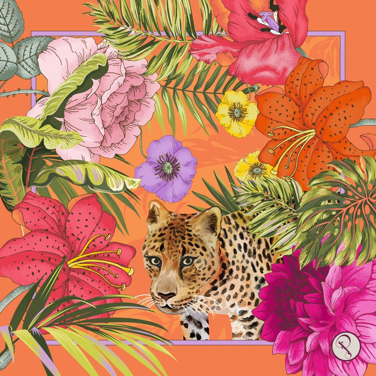 Powder Blooming Jungle Small Satin Square Scarf - Orange