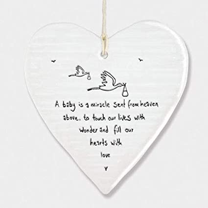 East of India Porcelain Wobbly Hanging Heart - Baby is a Miracle