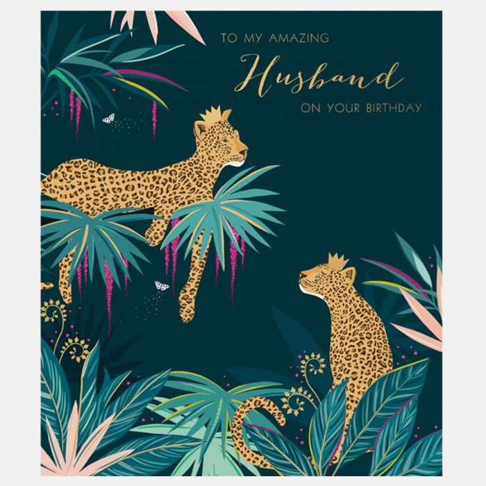 Sara Miller by The Art File - Lounging Cheetahs Husband Large Birthday Card