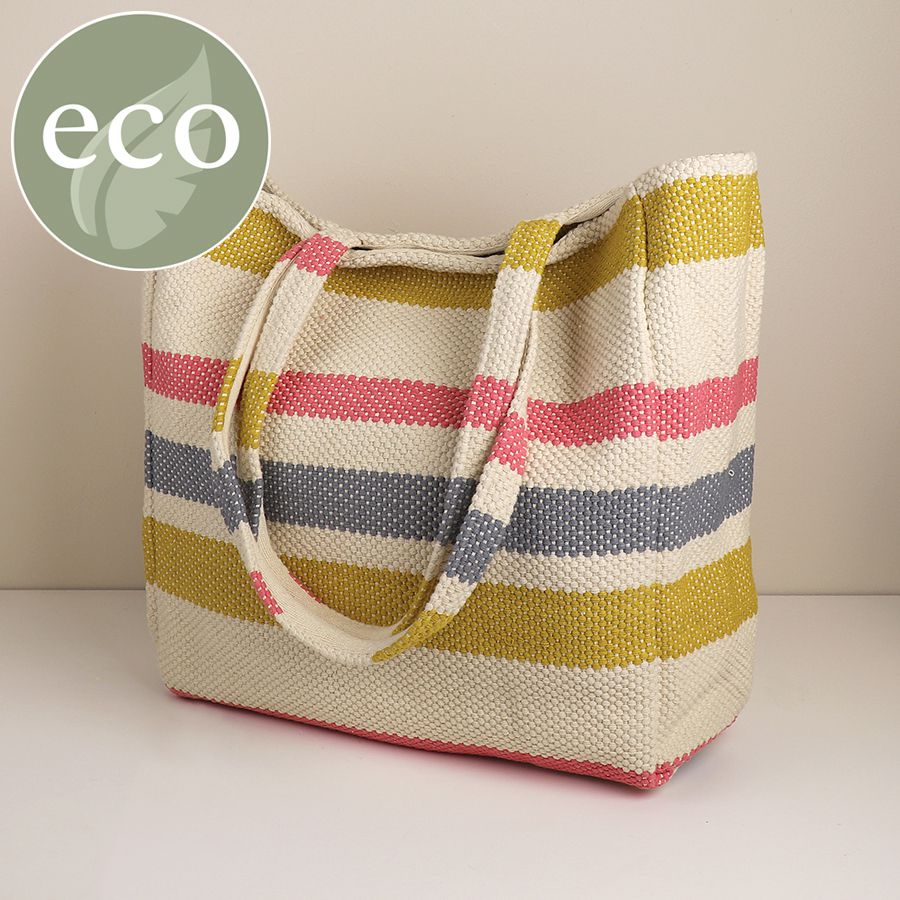 POM Mustard Mix Striped Cotton Beach Bag