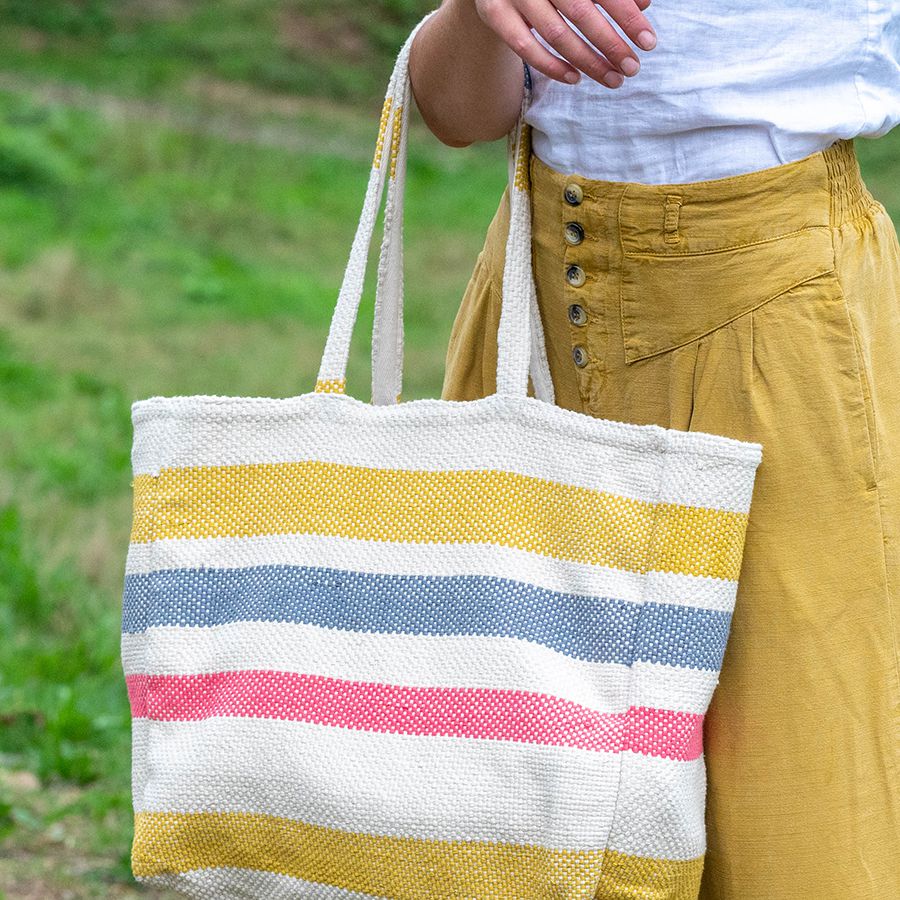 POM Mustard Mix Striped Cotton Beach Bag