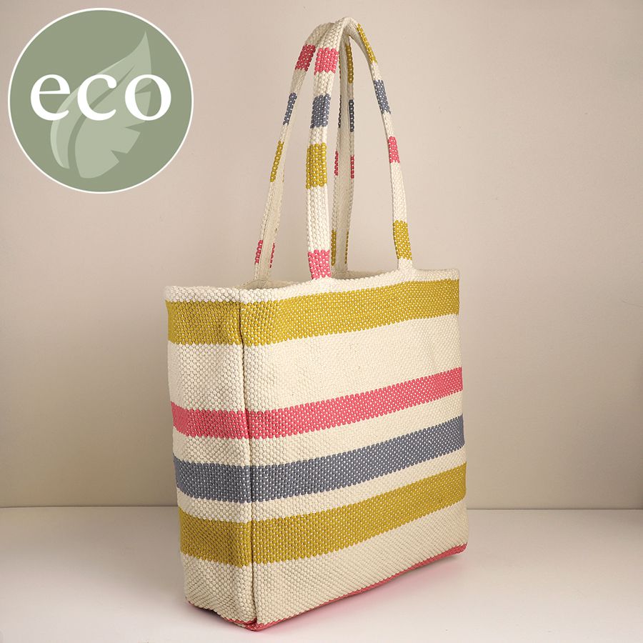 POM Mustard Mix Striped Cotton Beach Bag