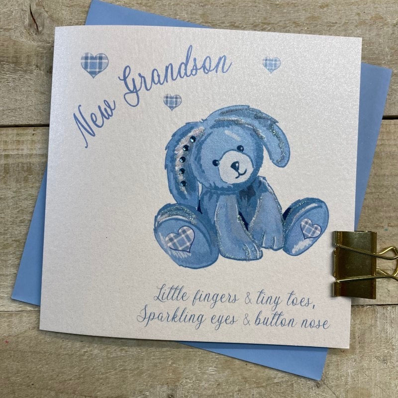 White Cotton Cards New Grandson Blue Bunny Card