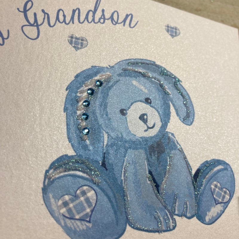 White Cotton Cards New Grandson Blue Bunny Card