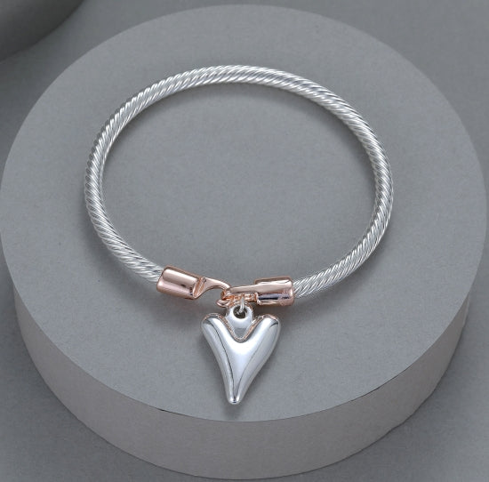 Gracee Jewellery Shaped Heart Twisted Bangle Bracelet - Silver & Rose Gold