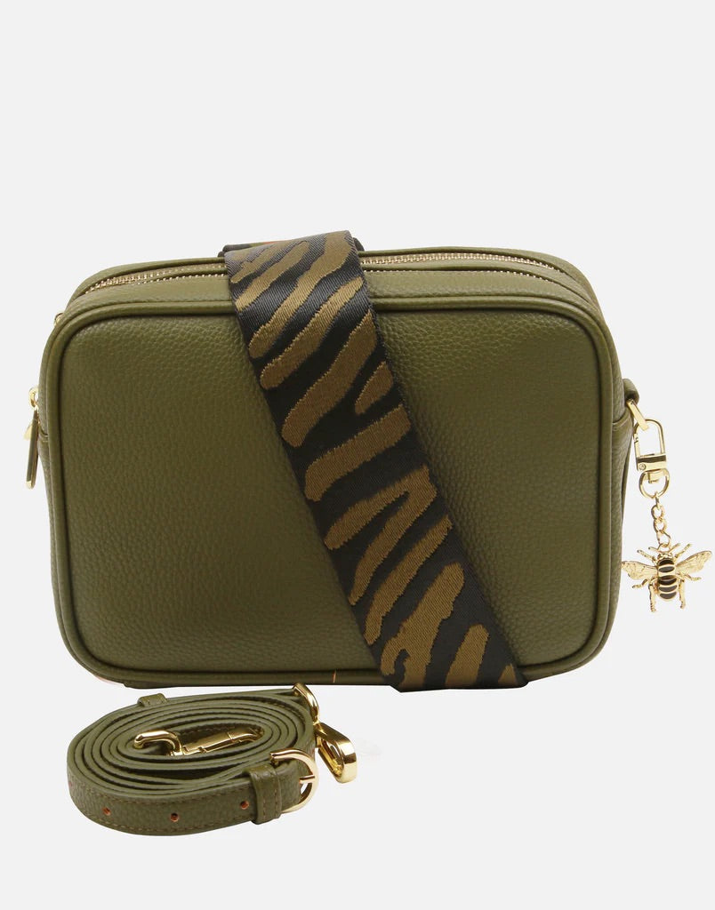 Alice Wheeler Olive Green Soho Double Zipped Crossbody Bag with Zebra Bag Strap