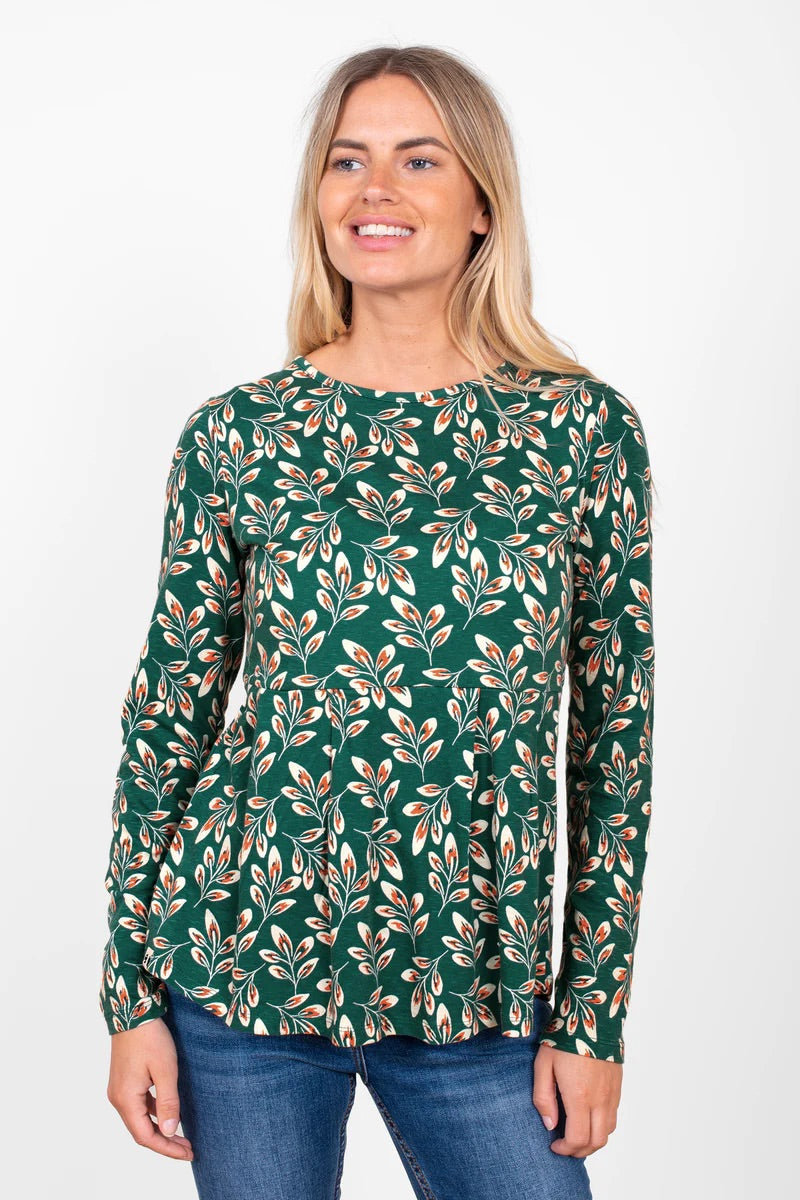 Brakeburn Autumn Breeze Print Peplum Long Sleeved T-Shirt - Teal
