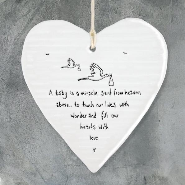 East of India Porcelain Wobbly Hanging Heart - Baby is a Miracle