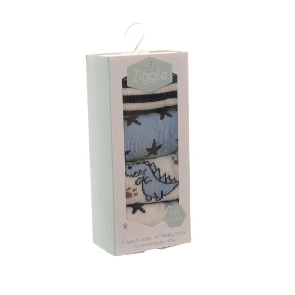 Ziggle Dino & Stars Boxed Sock Set - 0-6 Months - Set of 4