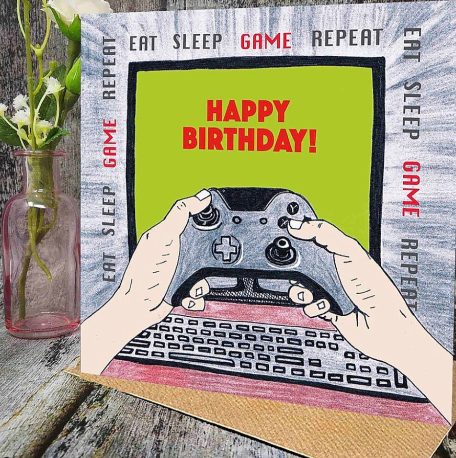 Flying Teaspoons Eat Sleep Game Repeat Birthday Card