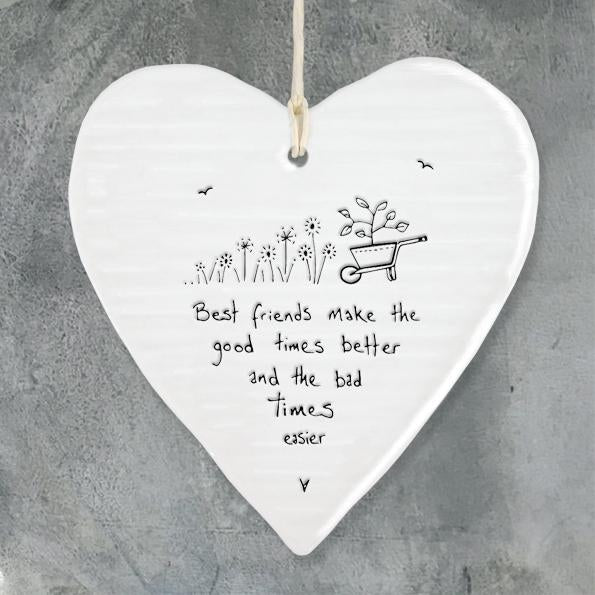 East of India Porcelain Wobbly Hanging Heart - Best Friends