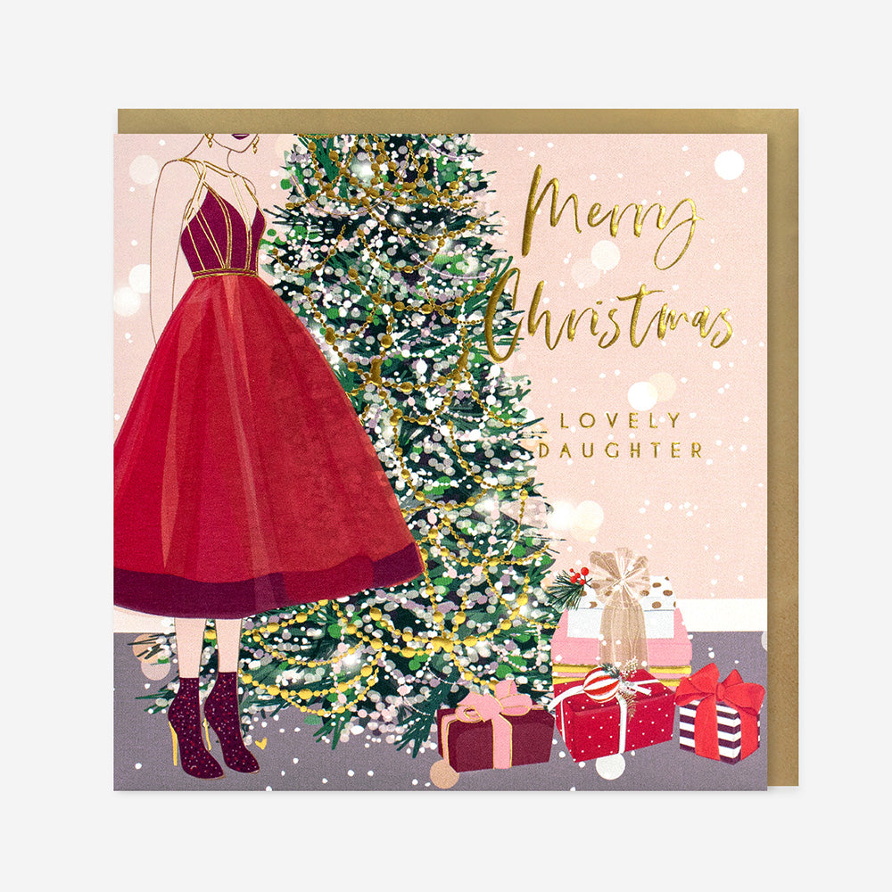 Belly Button Merry Christmas Lovely Daughter Red Dress & Tree Card
