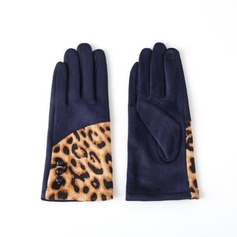 Butterfly Leopard Button Faux Suede Gloves - Navy Blue