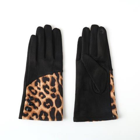 Butterfly Leopard Button Faux Suede Gloves - Black