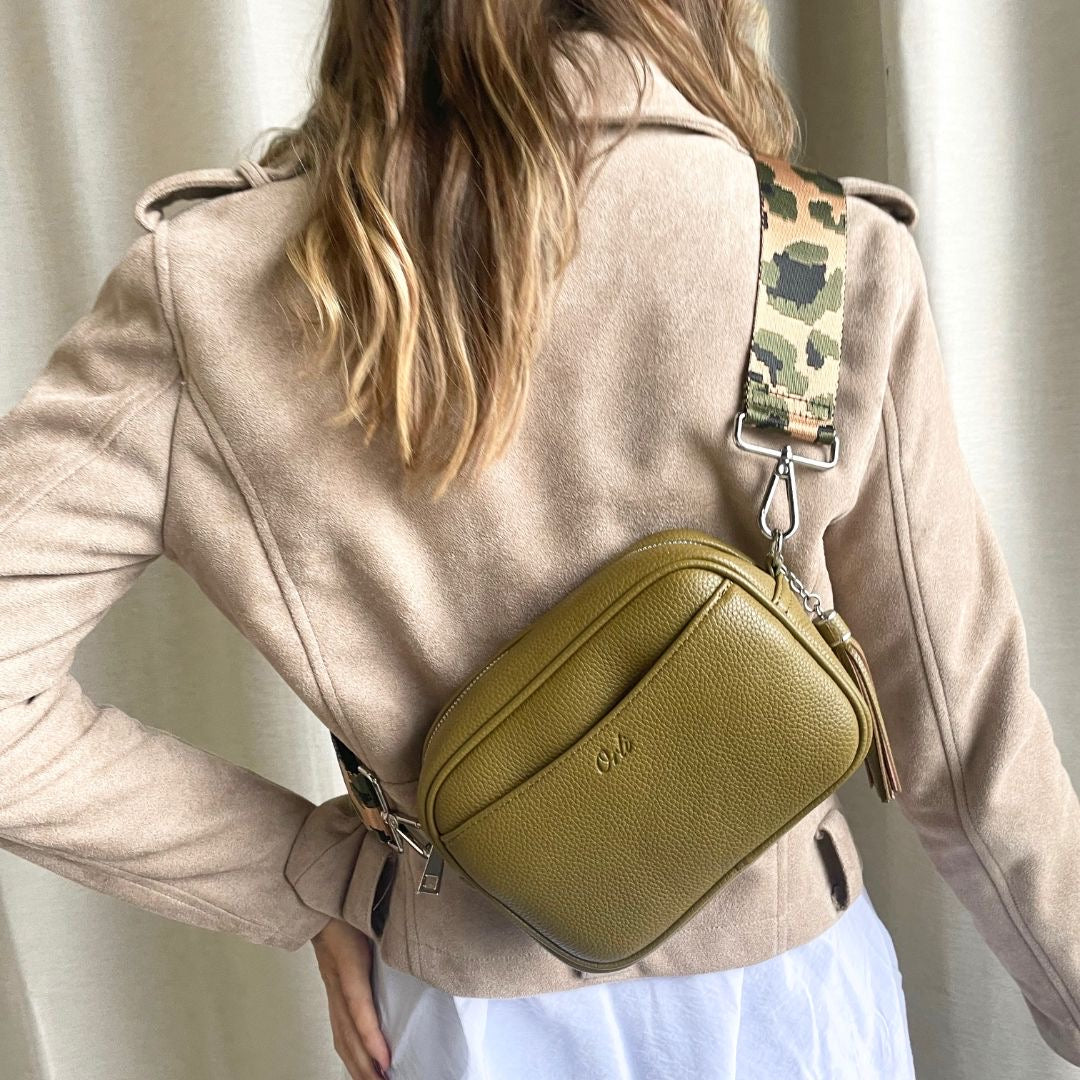 Orli LEOPARD Lining Tassel Crossbody Handbag - Olive /Silver Fittings