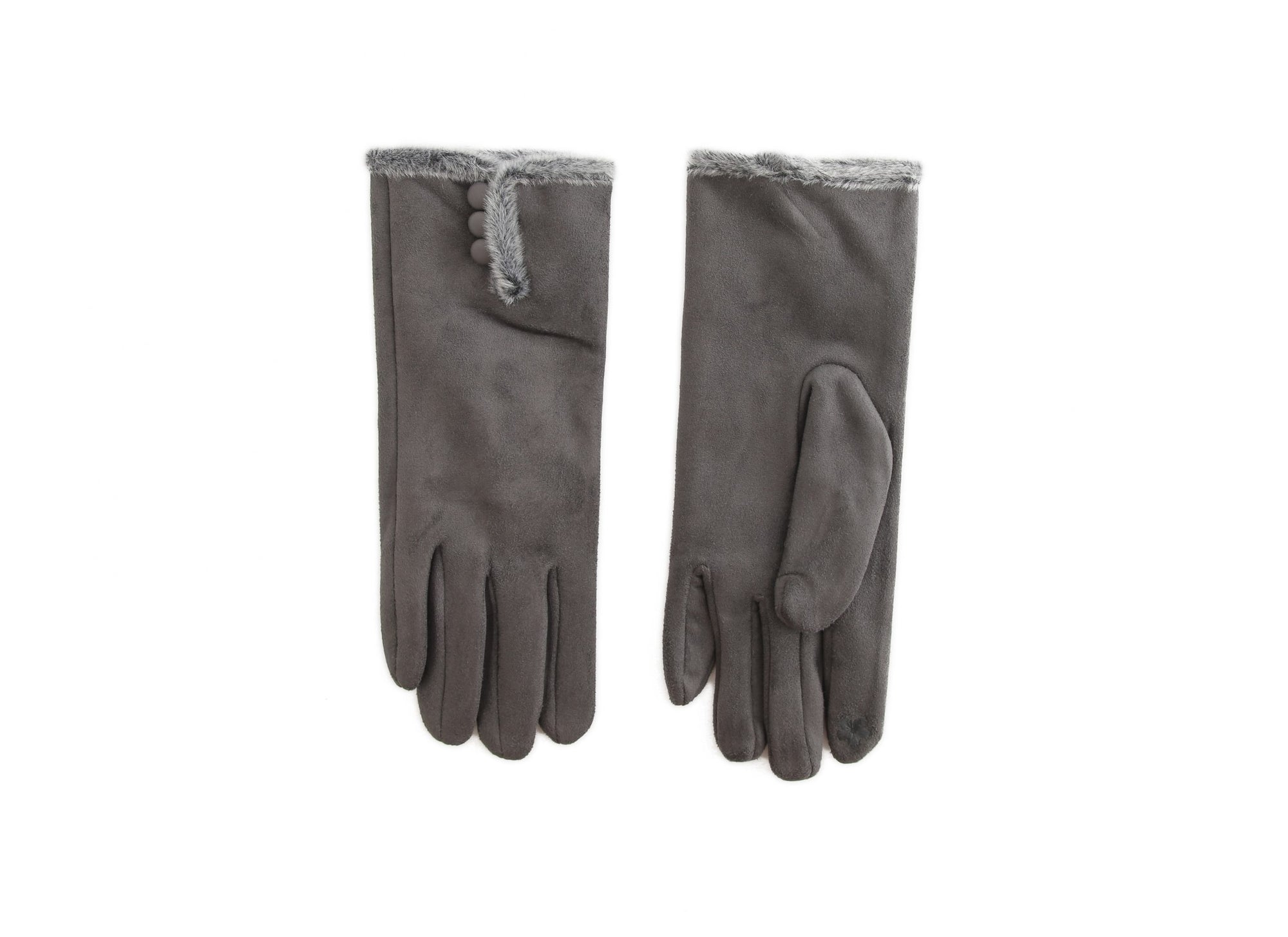 Butterfly Grey Faux Suede Gloves with Grey Faux Fur & Button Detail