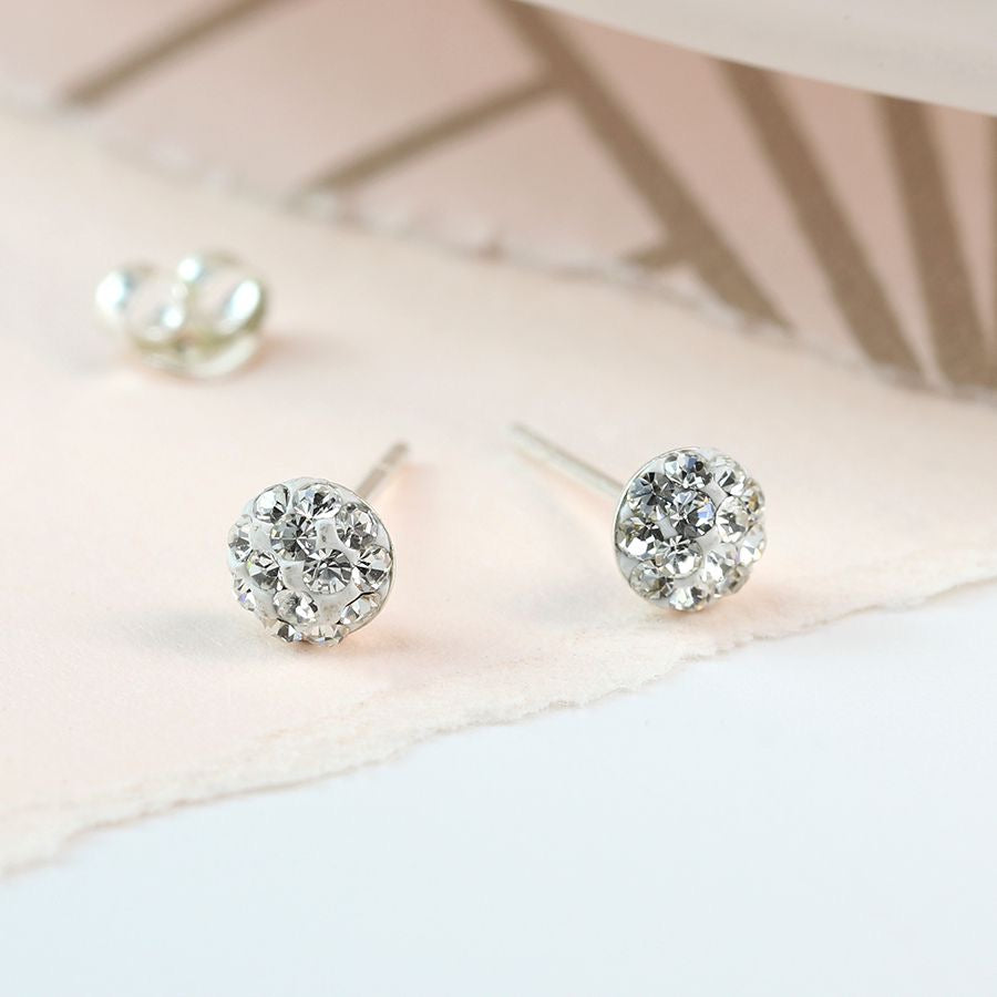POM Sterling Silver Tiny Clear Shamballa Crystal Stud Earrings