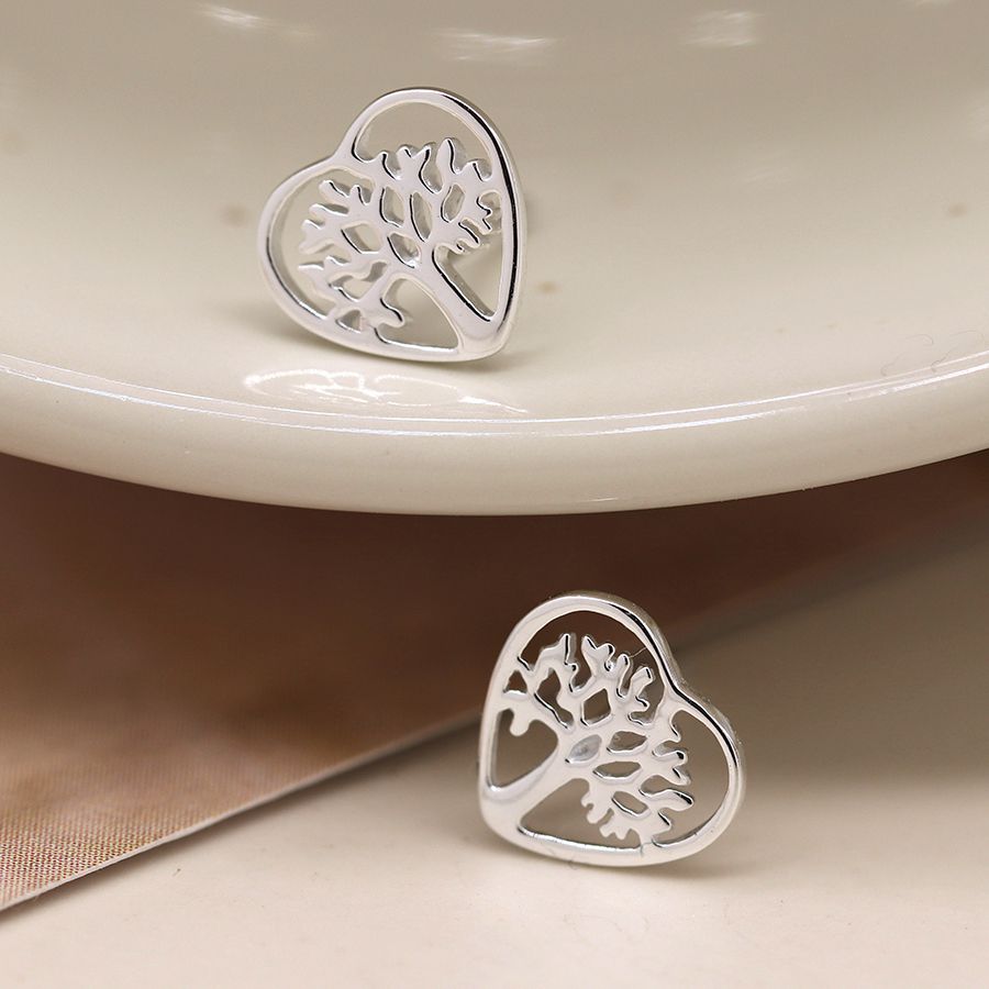 POM Sterling Silver Tree of Life in Heart Stud Earrings