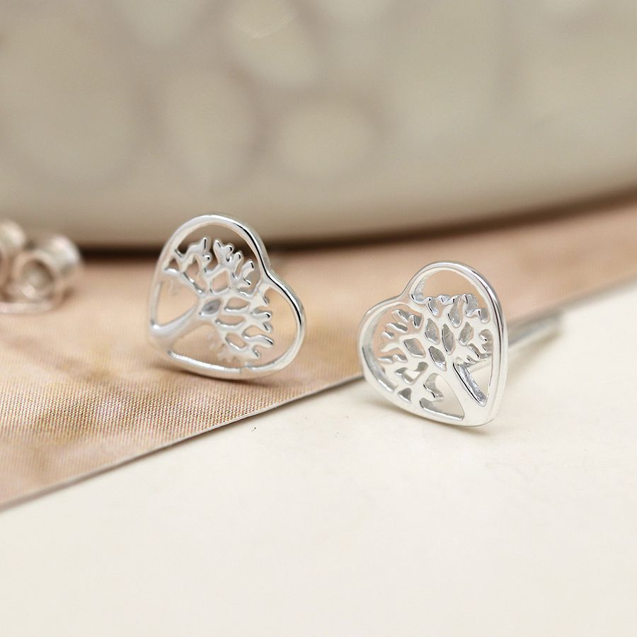 POM Sterling Silver Tree of Life in Heart Stud Earrings