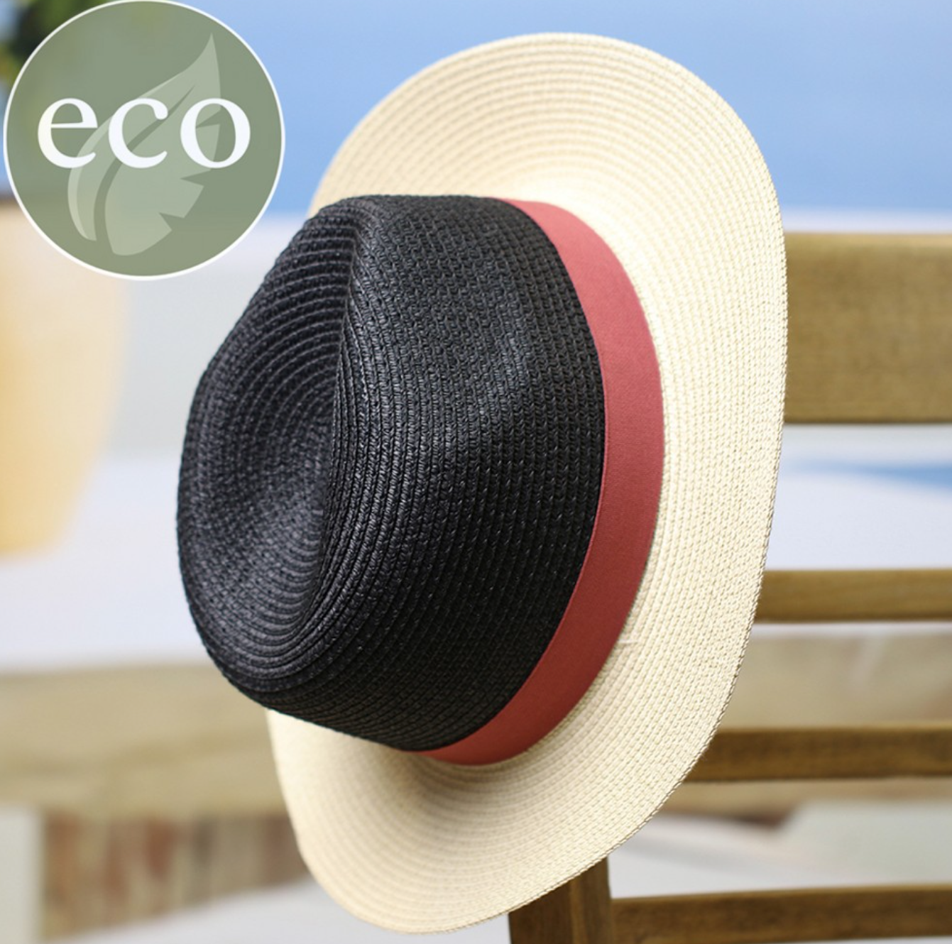 POM Two Tone Straw Fedora Hat - Black/Terracotta/Natural