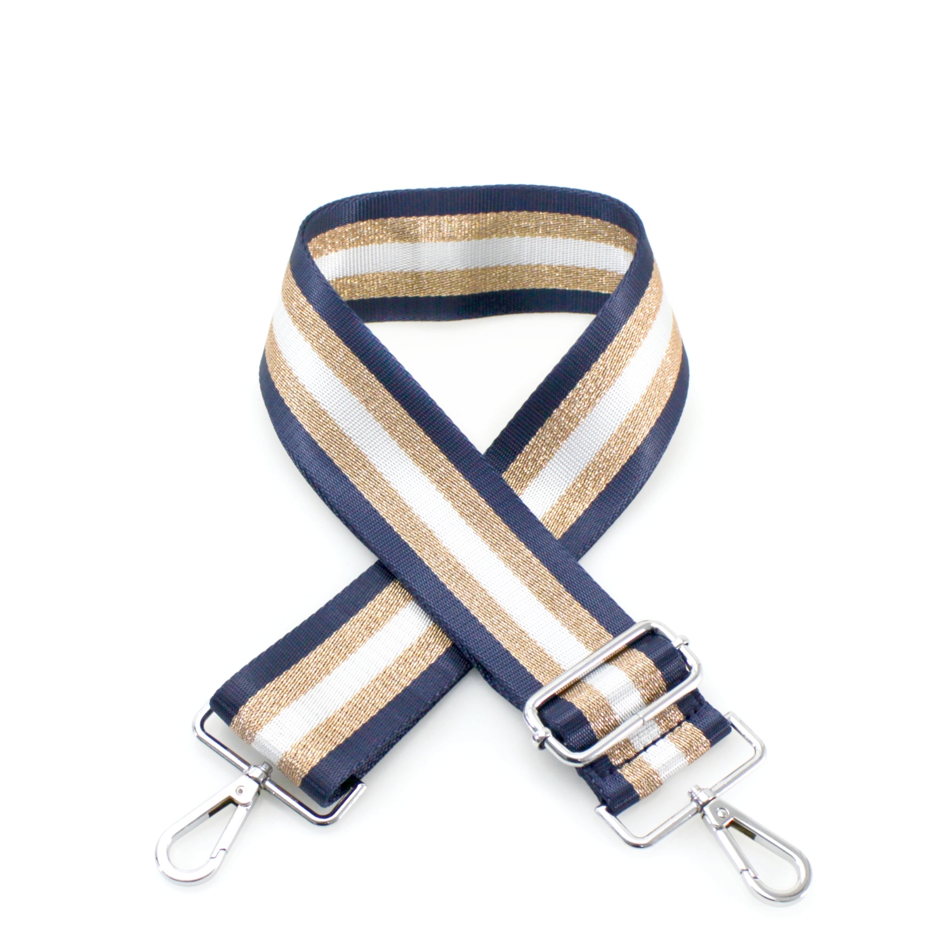 Navy Glitter Stripe Print Bag Strap - Silver Fittings