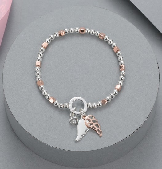 Gracee Jewellery Silver & Rose Gold Bracelet with Angel Wing & Diamante