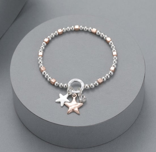 Gracee Jewellery Trio Charm Star Silver & Rose Gold Squares Stretch Bracelet