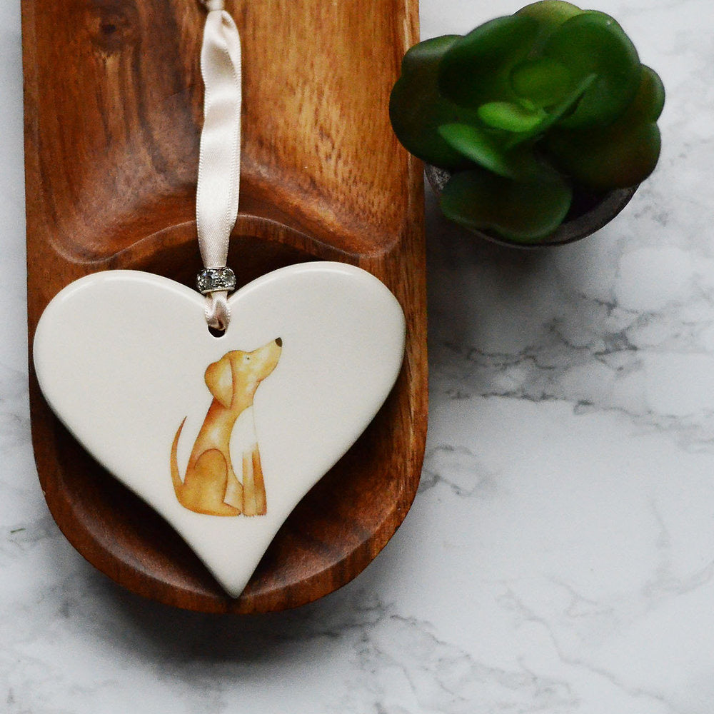 Dimbleby Ceramics Dog LARGE Hanging Heart - Sitting Golden Labrador