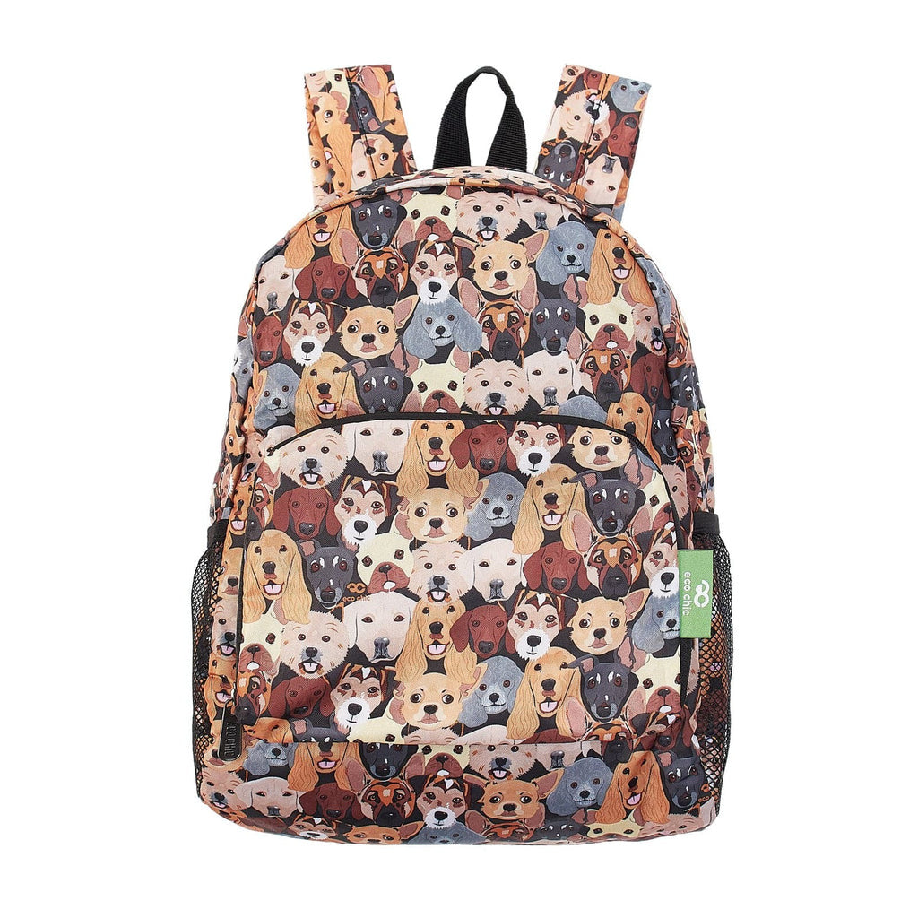 Eco Chic - Stacking Dogs - Print Lightweight Foldable Mini Backpack Bag - Black