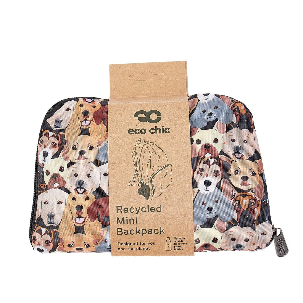 Eco Chic - Stacking Dogs - Print Lightweight Foldable Mini Backpack Bag - Black