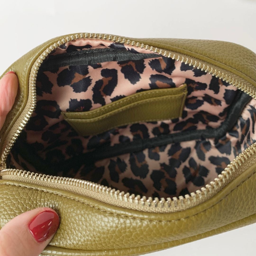 Orli LEOPARD Lining Tassel Crossbody Handbag - Olive /Silver Fittings