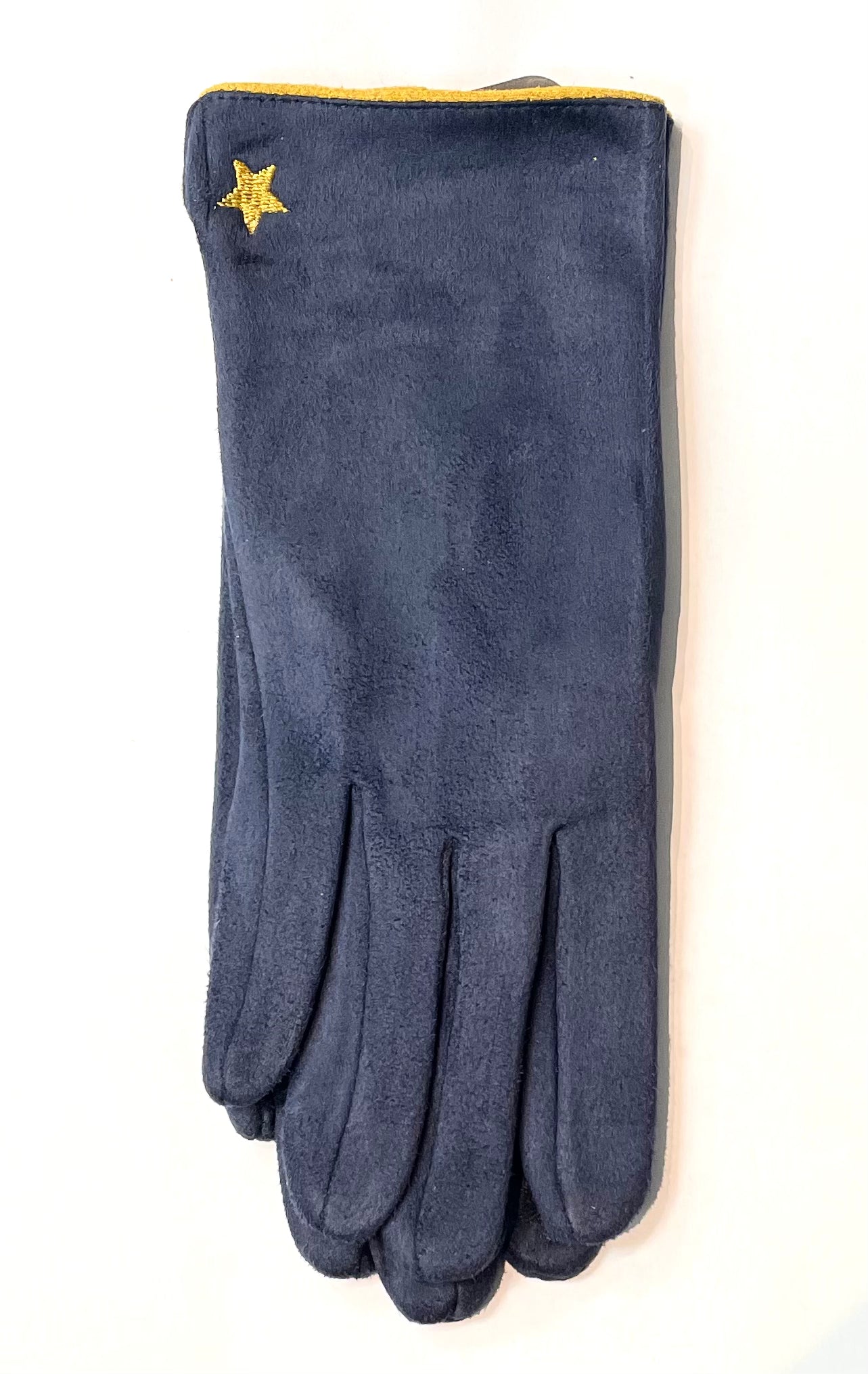 Butterfly Navy Blue Faux Suede Gloves with Mustard Embroidered Mini Star Detail