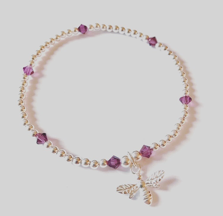 Jolu Jewellery Heather Amethyst Bee Charm Bracelet