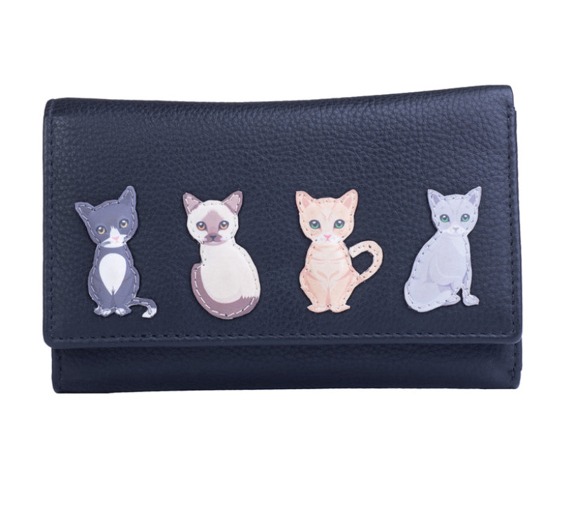 Mala Leather Best Friends Sitting Cats Tri-Fold Purse (3529 65) - Black
