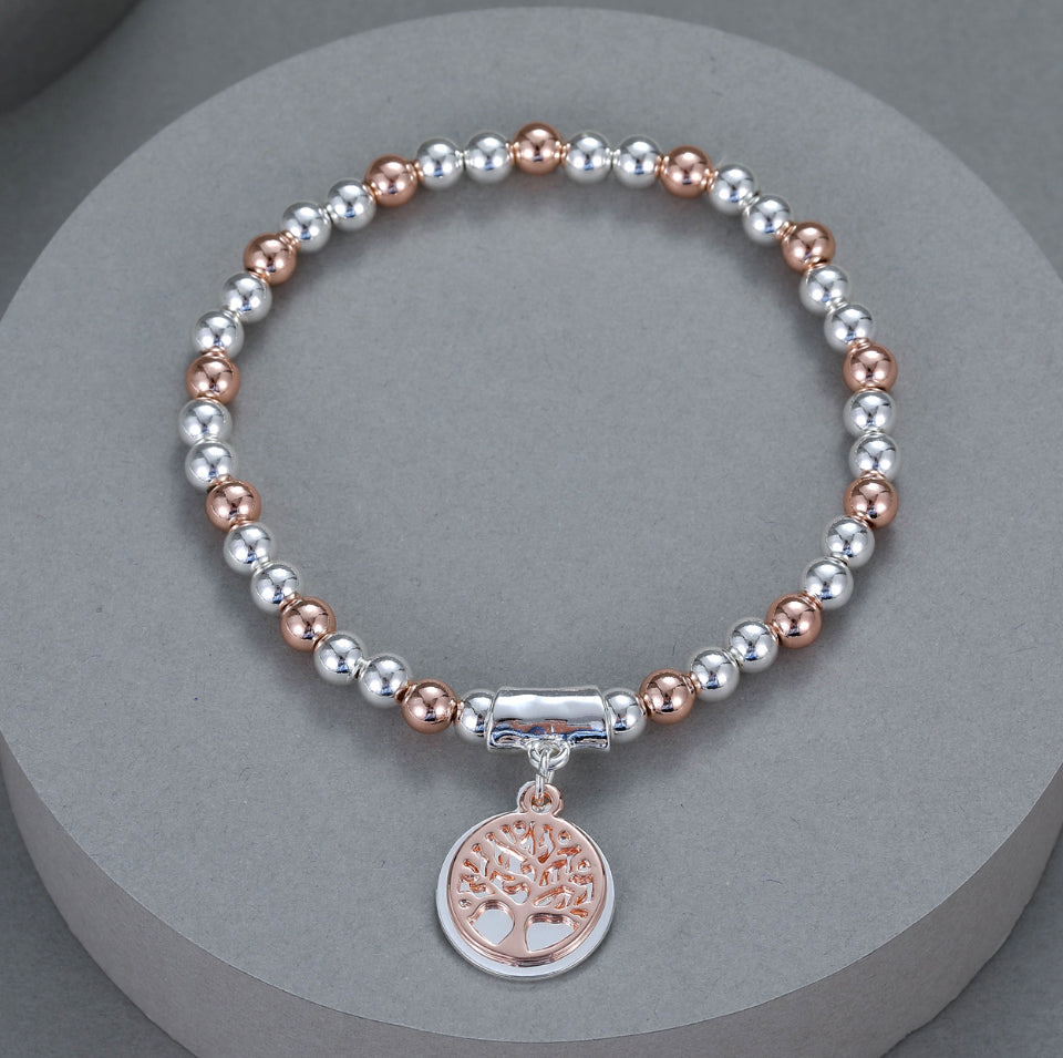 Gracee Jewellery chunky Silver & Rose Gold Tree of Life Stretch Bracelet