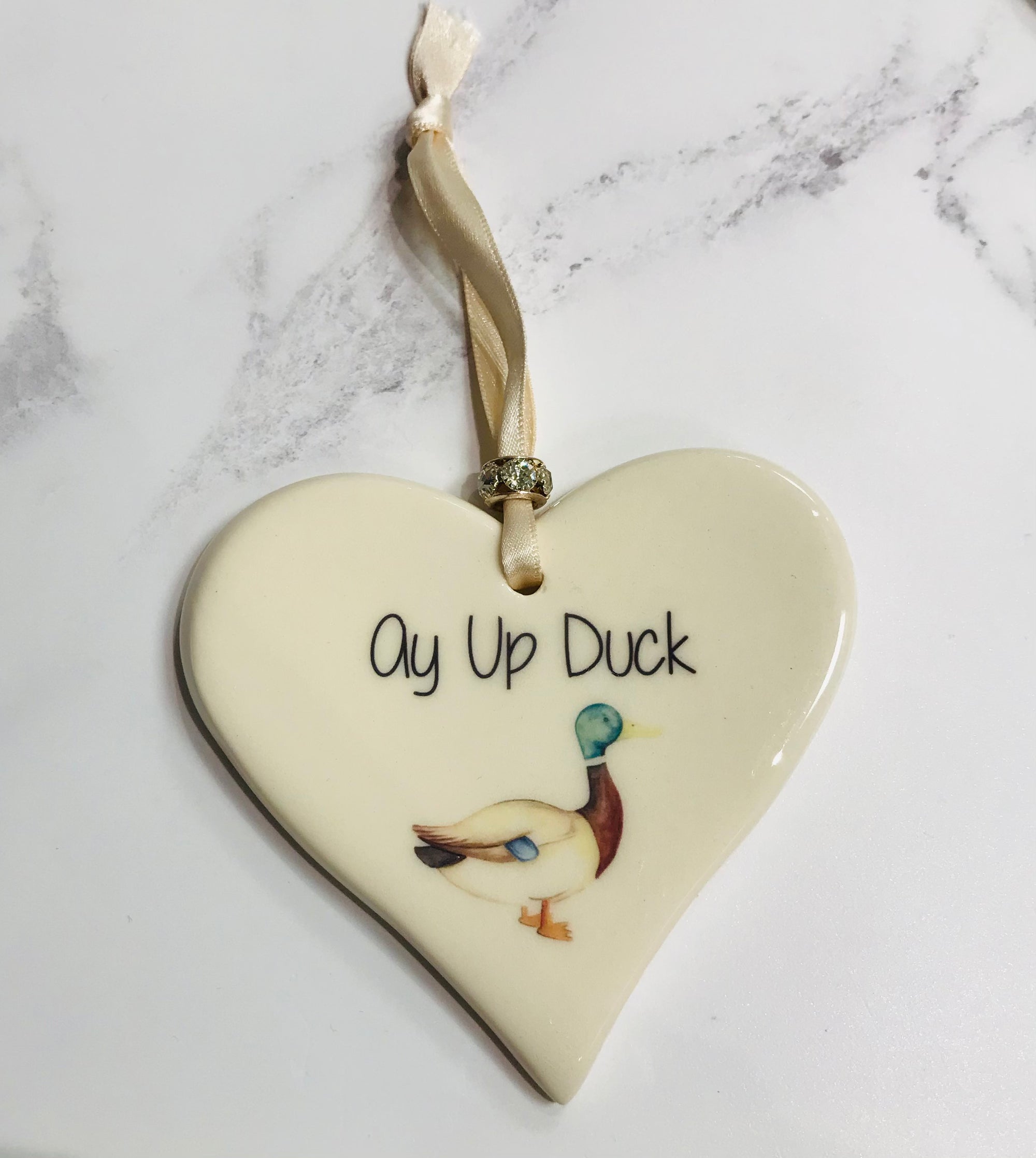 Dimbleby Ceramics LARGE Sentiment Hanging Heart - Ay up Duck