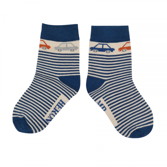 BOYS Bamboo Kids Ankle Socks - Cars & Stripes - Navy