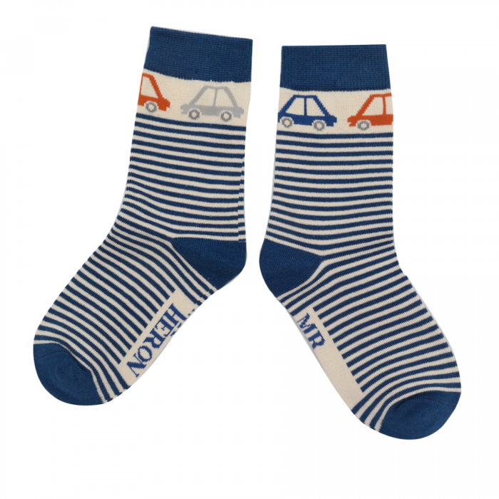 BOYS Bamboo Kids Ankle Socks - Cars & Stripes - Navy