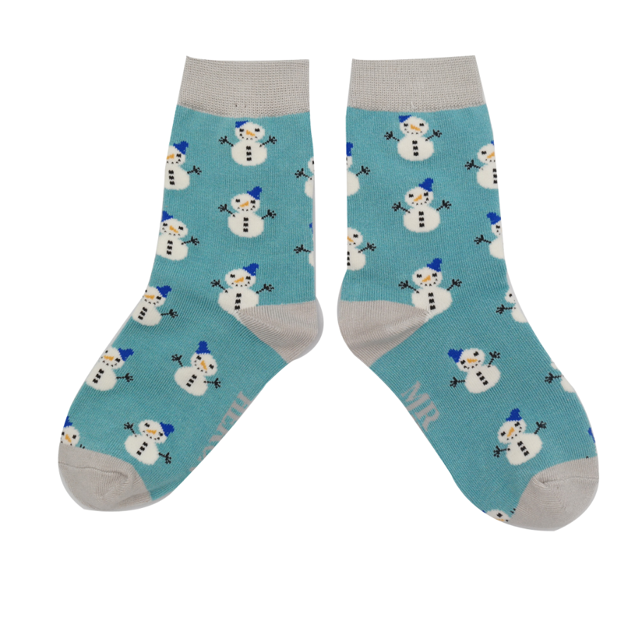 BOYS Bamboo Kids Ankle Socks - Snowmen - Teal Blue