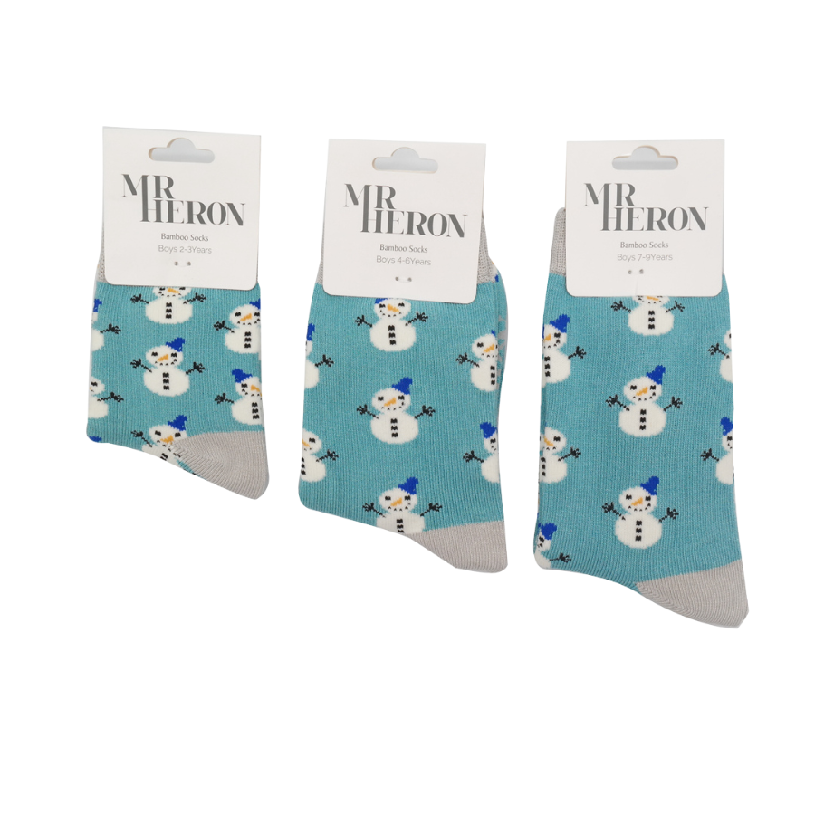 BOYS Bamboo Kids Ankle Socks - Snowmen - Teal Blue