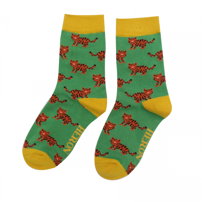 BOYS Bamboo Kids Ankle Socks - Tigers - Green