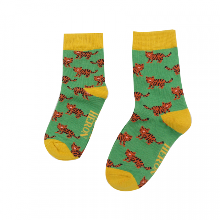 BOYS Bamboo Kids Ankle Socks - Tigers - Green