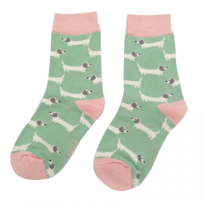 GIRLS Bamboo Kids Ankle Socks - Sausage Dogs - Mint