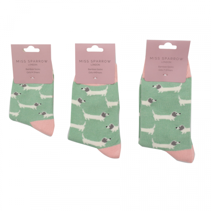 GIRLS Bamboo Kids Ankle Socks - Sausage Dogs - Mint